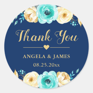 Wedding Favour Thank You Navy Blue Gold Floral Classic Round Sticker