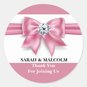 Wedding favour thank you pink white bow rhinestone classic round sticker