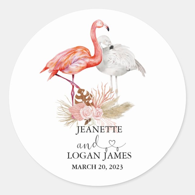 Wedding Favour Tropical Flamingo Boho  Classic Round Sticker (Front)