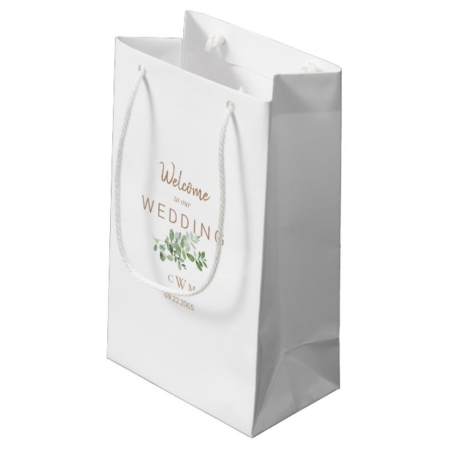 Wedding Favour White & Gold Monogram Foliage Small Gift Bag (Back Angled)