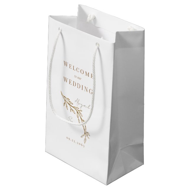 Wedding Favour White Gold Text Foliage Ouline Small Gift Bag (Back Angled)