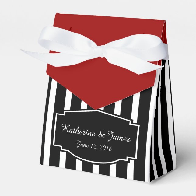 Wedding Favours; B&W Stripes w/ Red, Custom Label Favor Box (Front Side)