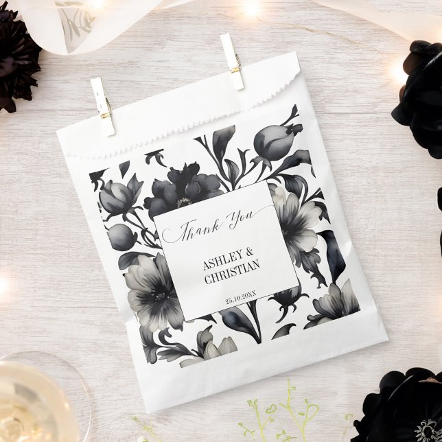 Wedding favours black and white favour bag (Wedding favors black and white wedding themed personalized  favor bag black vintage flowers)