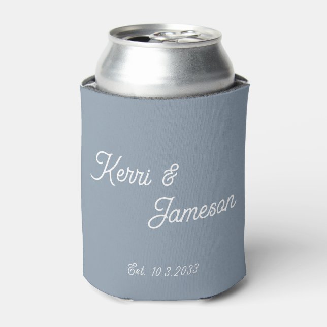 Wedding Favours Dusty Blue Minimalist Script  Can Cooler (Can Front)