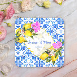 Wedding favours gift Blue tiles lemon Bougainville Square Paper Coaster<br><div class="desc">Blue tiles Bougainvillea  and lemon Amalfi Positano Mediterranean style custom wedding favour gift personalized name paper coasters,  personalized bridal party gifts.</div>