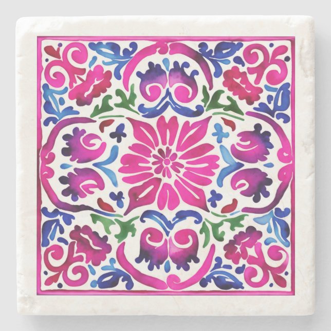 Wedding favours Pink blue Mexican Talavera tiles Stone Coaster (Front)