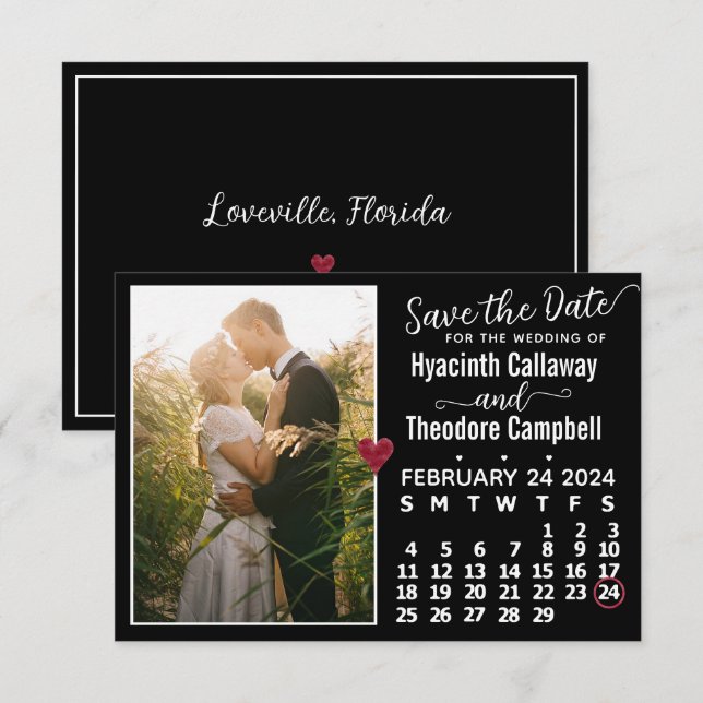 Wedding February 2024 Calendar Custom Photo Black Save The Date (Front/Back)