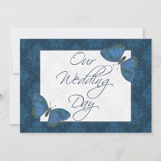 Wedding Flat Invitation Butterfly Brocade blue (Front)