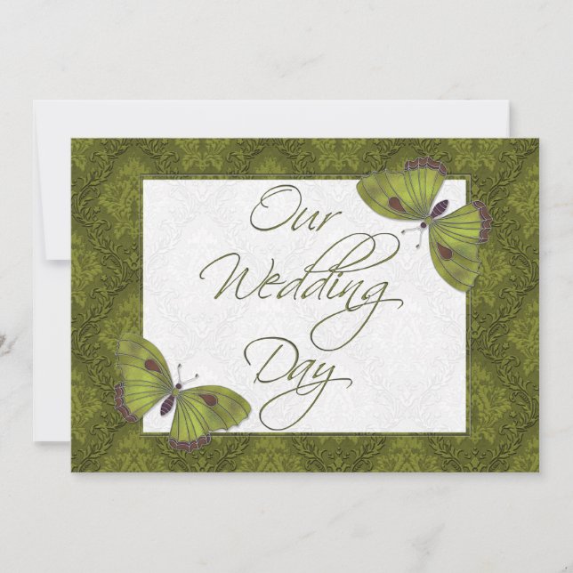 Wedding Flat Invitation Butterfly Brocade green (Front)