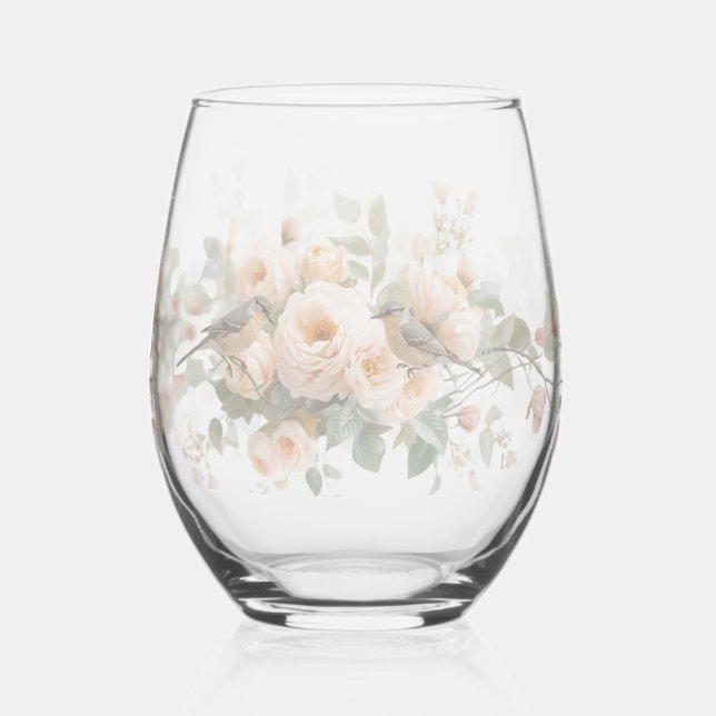 Wedding floral bird Elegant Simple Minimal Simple  Stemless Wine Glass (Back)