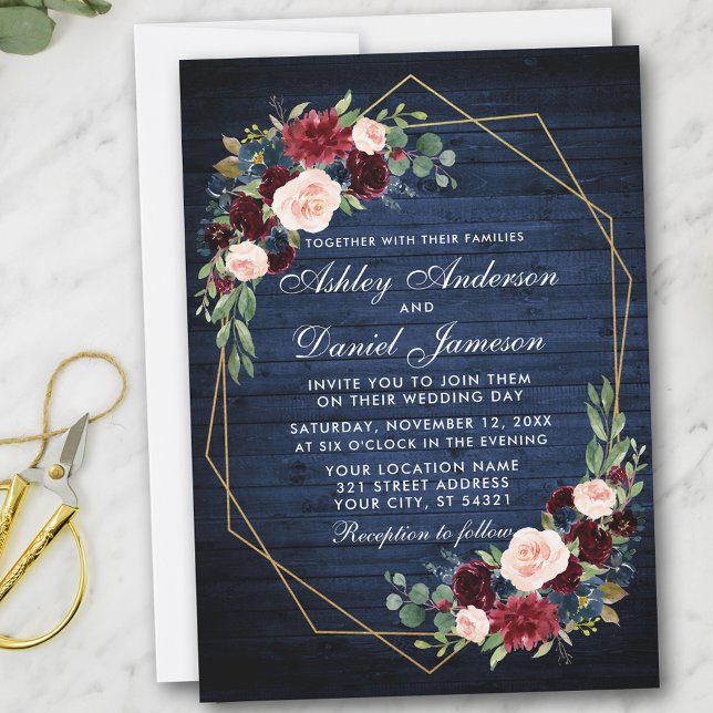 Wedding Floral Blue Wood Geometric Gold Frame Invitation (Customize to add more text or photos to back of card.)