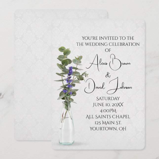 Wedding Floral Bouquet On Damask Invitation (Front/Back)