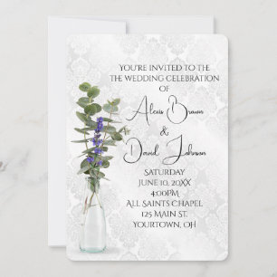 Wedding Floral Bouquet On Damask Invitation