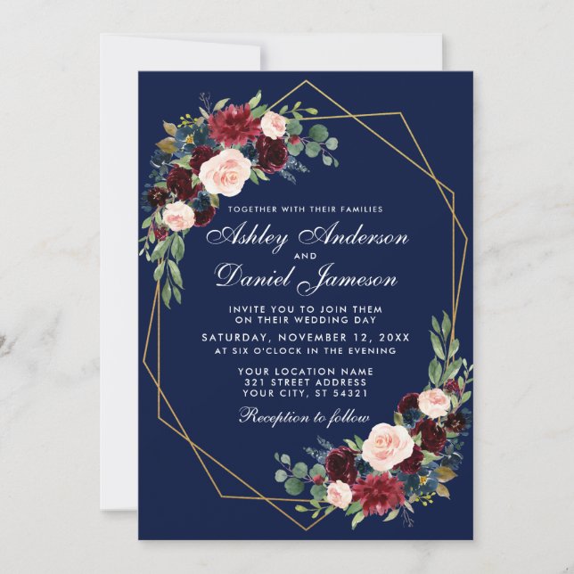 Wedding Floral Burgundy Blue Geometric Gold Frame Invitation (Front)
