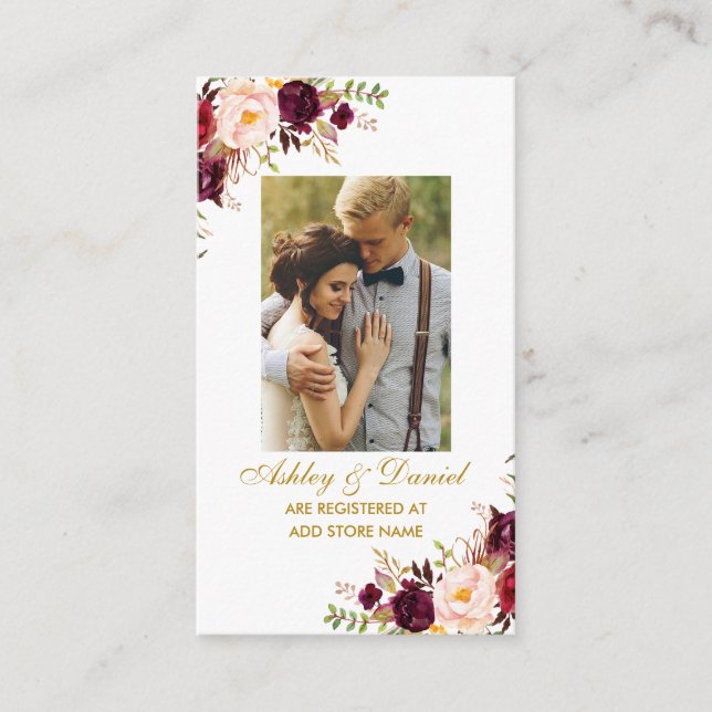 Wedding Floral Burgundy Photo Registry Insert Card (Front)