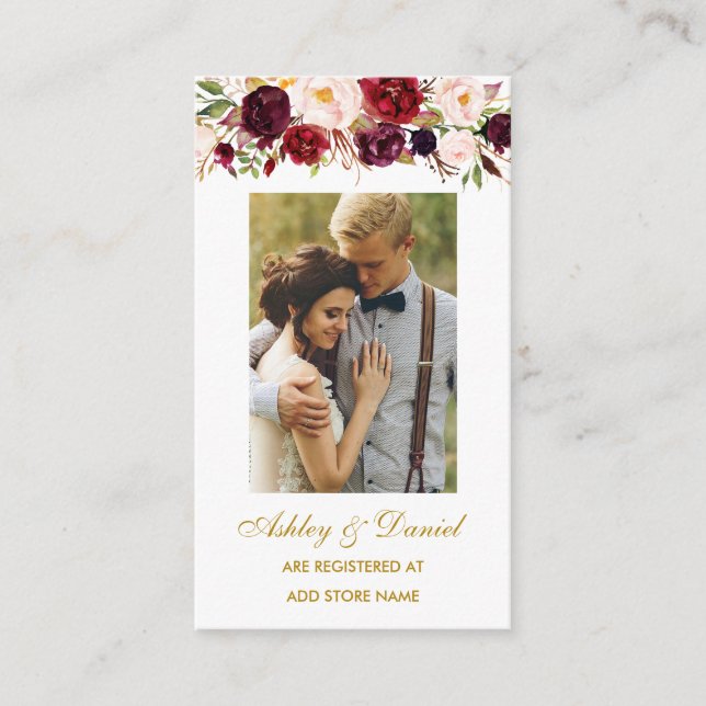 Wedding Floral Burgundy Registry Insert Photo Card (Front)