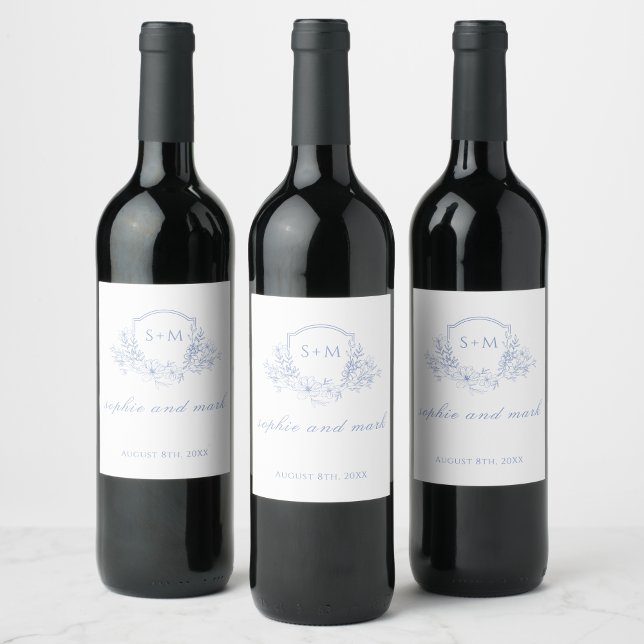 Wedding Floral Crest Monogram Dusty Blue Wine Label (Creator Uploaded)