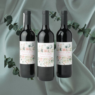 Wedding Floral Elegant Pink Chic Date Script Wine Label