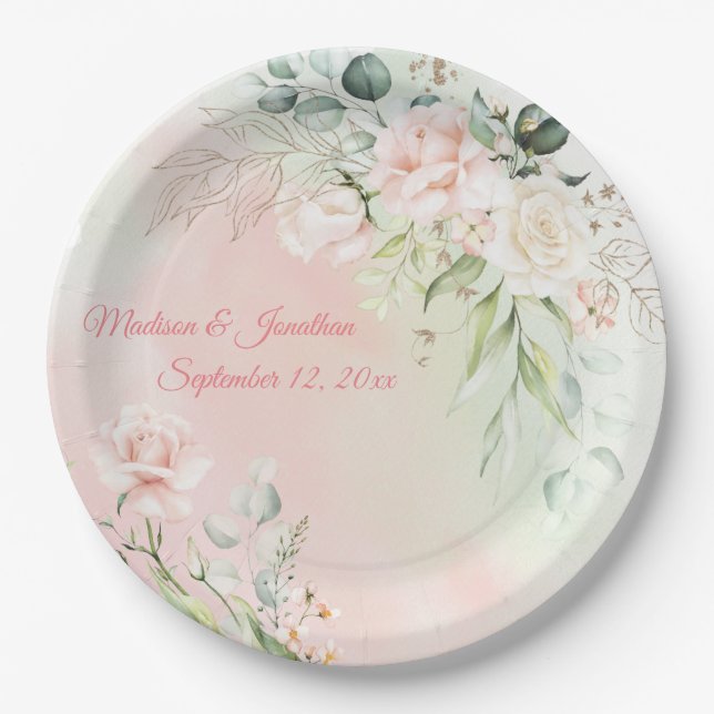 Wedding Floral Elegant Pink Chic Girly Script Name Paper Plate (Front)