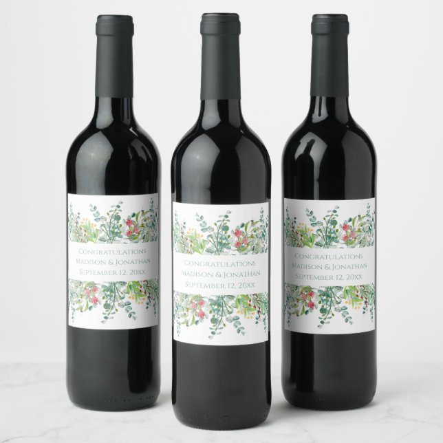 Wedding Floral Eucalyptus Watercolor Names Date Wine Label (Bottles)