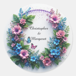 Wedding Floral Frame with Colourful Flowers Classic Round Sticker