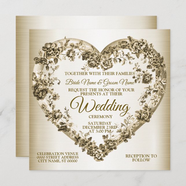 Wedding Floral Golden Ornate Heart Frame Elegant  Invitation (Front/Back)