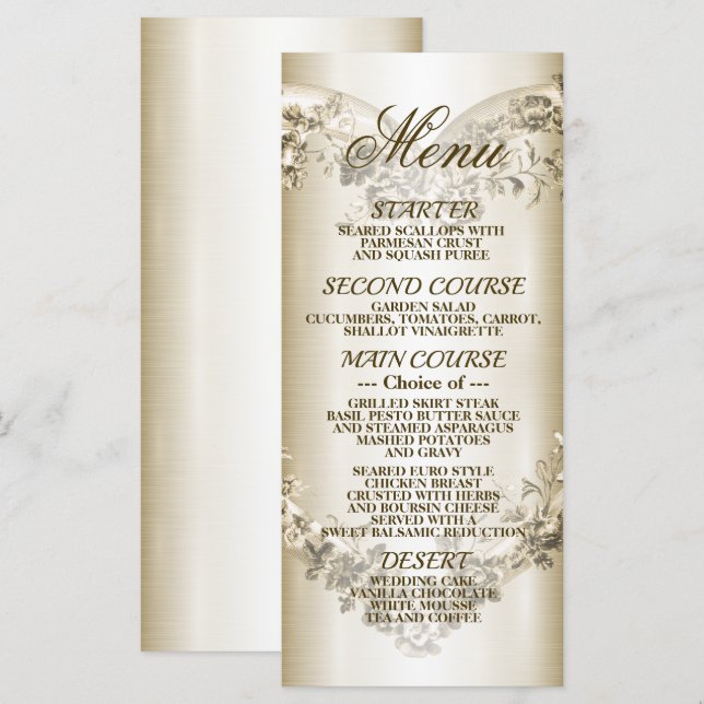Wedding Floral Golden Ornate Heart Frame Party Menu (Front/Back)