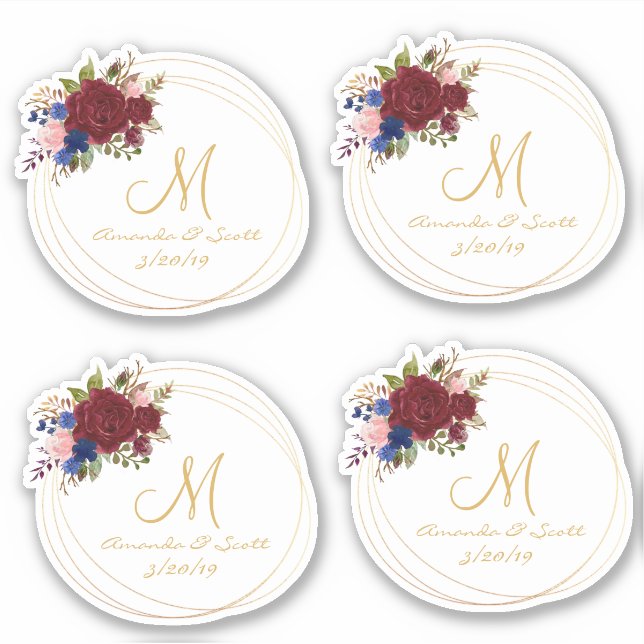 Wedding Floral Monogram Burgundy Navy Gold Frame (Front)