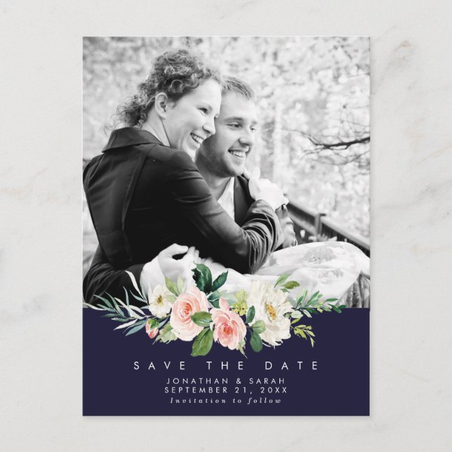 wedding floral navy save the date photo postcard (Front)