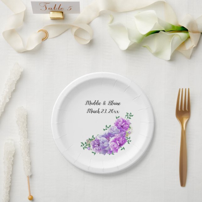 Wedding Floral Purple Peonies Paper Plates (Wedding)
