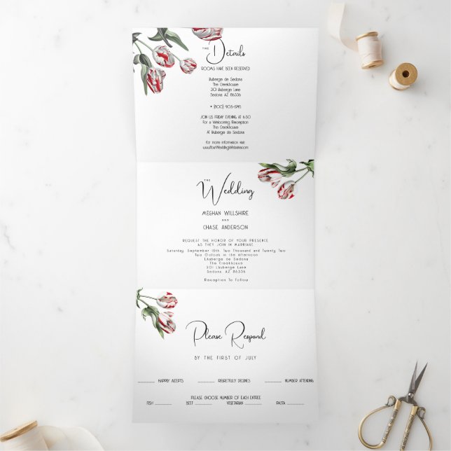 Wedding | Floral Red and White Rembrandt Tulips Tri-Fold Invitation (Inside)