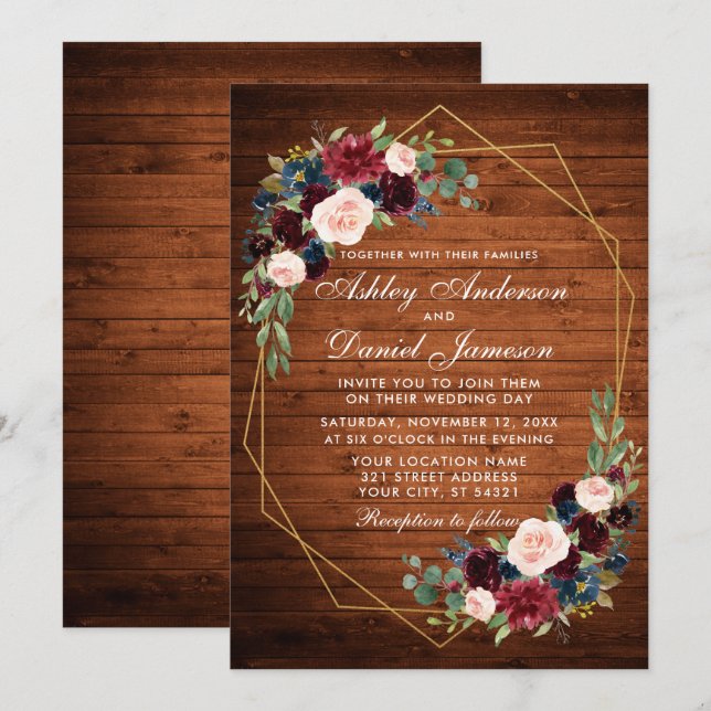 Wedding Floral Rustic Wood Geometric Gold Frame Invitation (Front/Back)