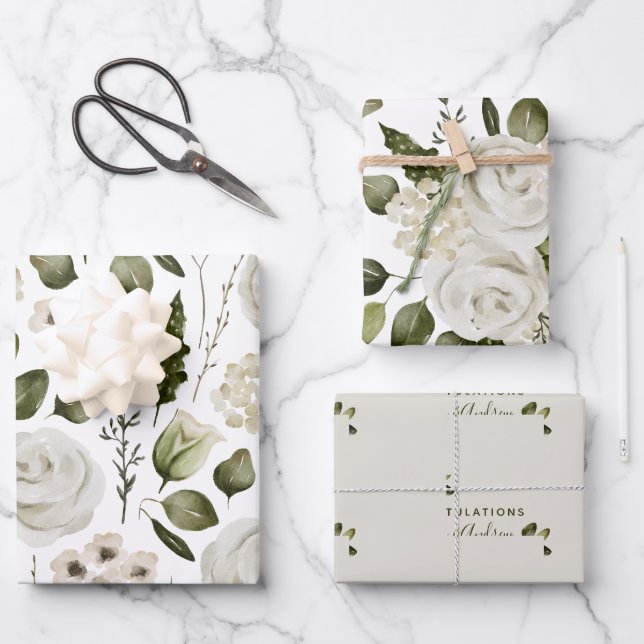 Wedding Floral Wrapping Paper Flat Sheet Set of 3 (Front)