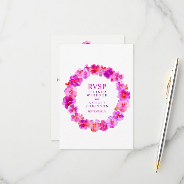 Wedding floral wreath pansy pink  RSVP card (Front/Back In Situ)