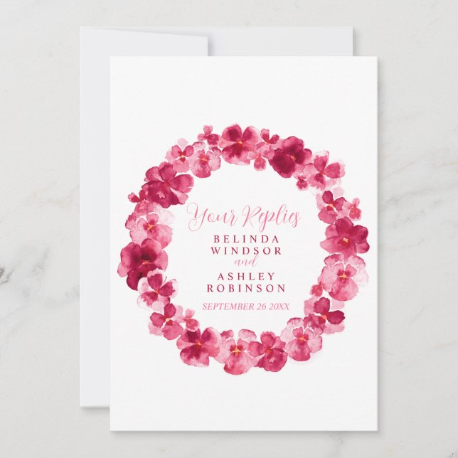 Wedding floral wreath pansy red RSVP reply card (Front)