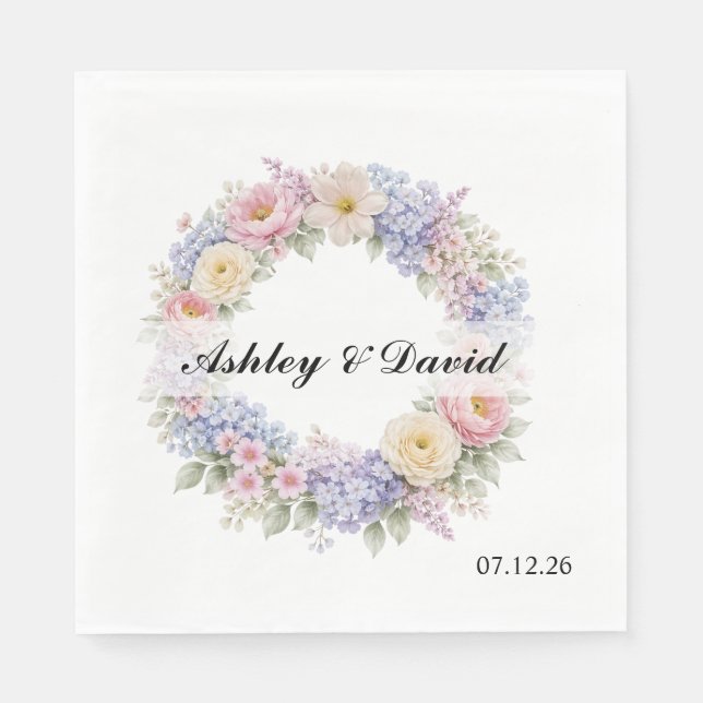 Wedding Floral Wreath Paper Napkins (Front)