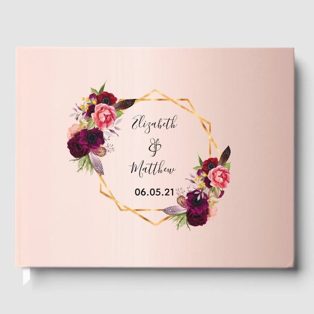 Wedding florals rose gold geometric burgundy guest book (Front)