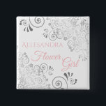Wedding Flower Girl Name Tag Pink & Grey 2 Inch Square Button<br><div class="desc">Identify the key players at your bridal shower, wedding or rehearsal dinner with our elegant, Pink & Grey buttons. Designed to coordinate with our Pink & Grey Elegant Wedding Suite, this button features a Silver faux foil flourish on a white background with pink text reading Flower Girl and a place...</div>