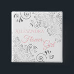 Wedding Flower Girl Name Tag Pink & Grey Frills 2 Inch Square Button<br><div class="desc">Identify the key players at your bridal shower, wedding or rehearsal dinner with our elegant, Pink & Grey buttons. Designed to coordinate with our Pink & Grey Elegant Wedding Suite, this button features a Silver faux foil flourish on a white background with pink text reading Flower Girl and a place...</div>