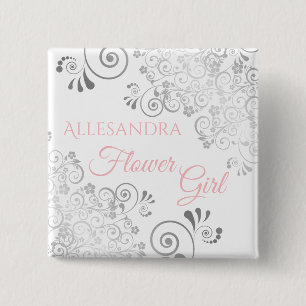 Wedding Flower Girl Name Tag Pink & Grey Frills 2 Inch Square Button