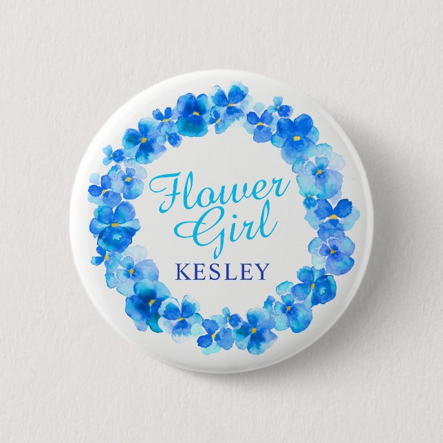 Wedding flower girl pansy blue flower custom name 2 inch round button (Front)