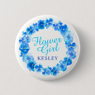 Wedding flower girl pansy blue flower custom name 2 inch round button