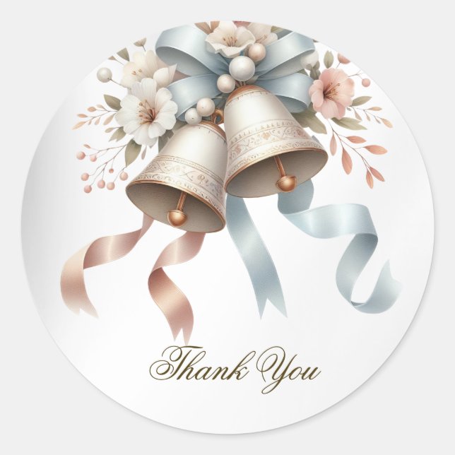 Wedding Flowers Bells Pink Blue Ribbons Beautiful Classic Round Sticker (Front)