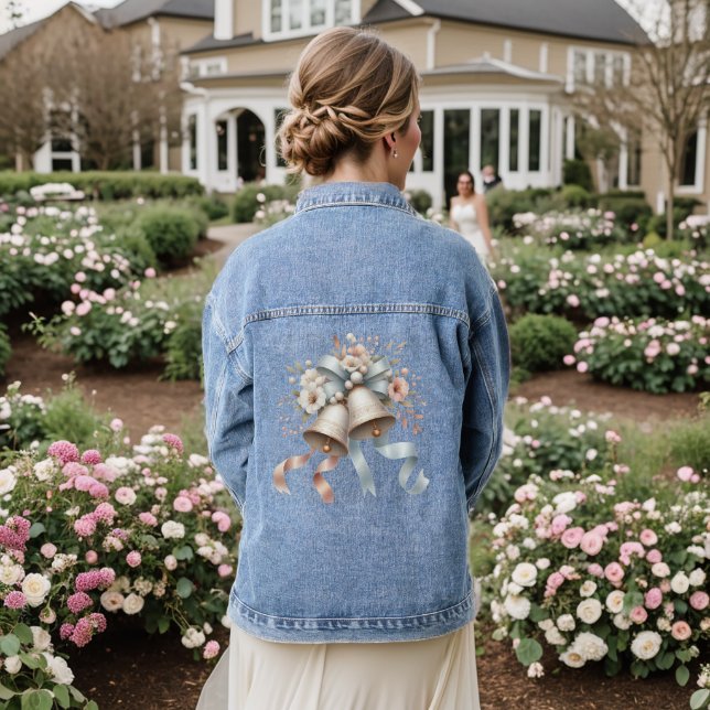 Wedding Flowers Bells Pink Blue Ribbons Beautiful  Denim Jacket (Wedding Back)
