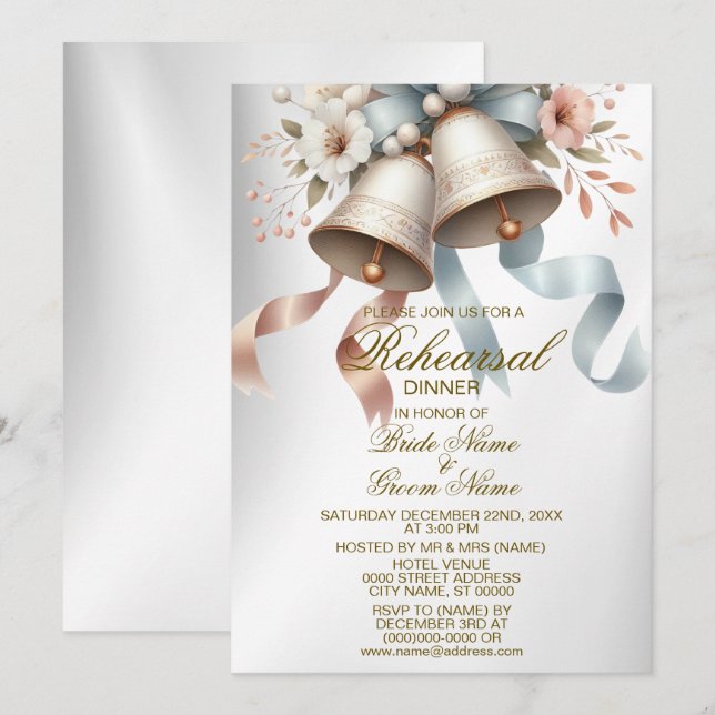 Wedding Flowers Bells Pink Blue Ribbons Beautiful  Invitation (Front/Back)