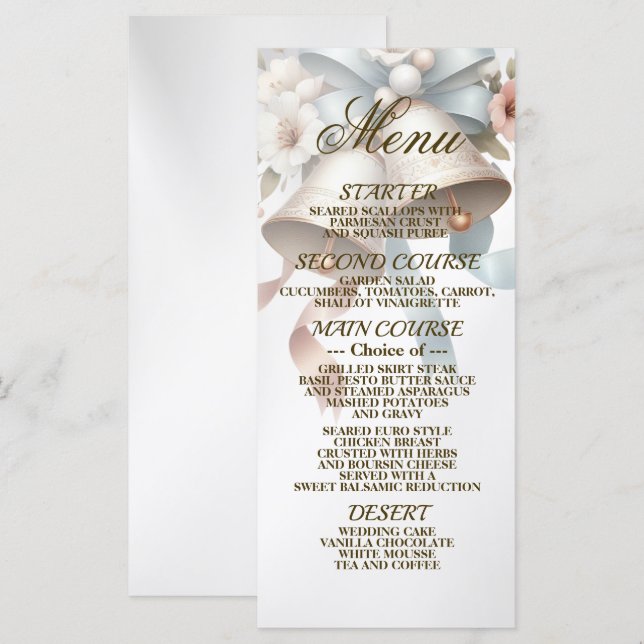 Wedding Flowers Bells Pink Blue Ribbons Beautiful Menu (Front/Back)