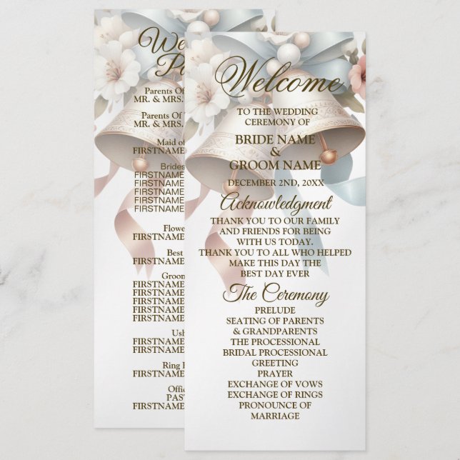 Wedding Flowers Bells Pink Blue Ribbons Beautiful Program (Front/Back)