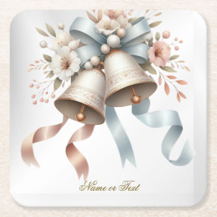Wedding Flowers Bells Pink Blue Ribbons Beautiful Square Paper Coaster