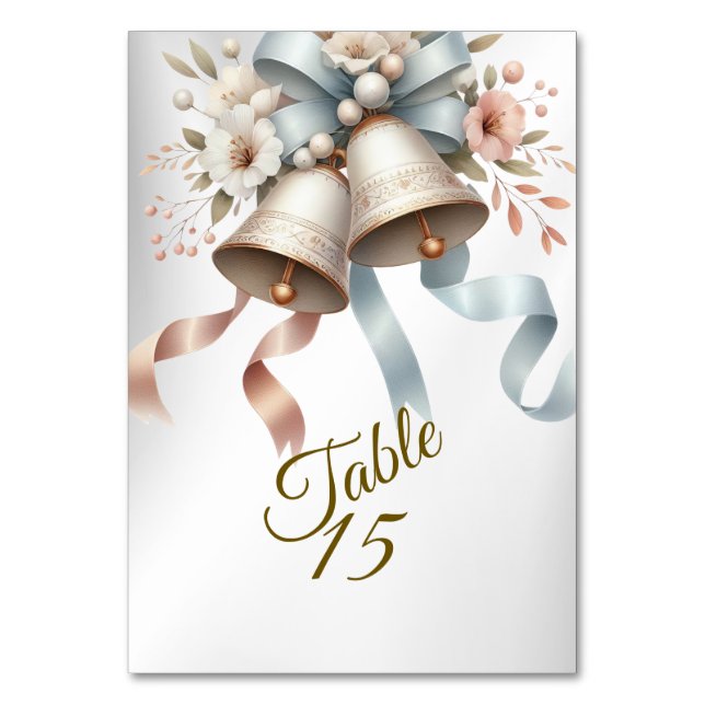 Wedding Flowers Bells Pink Blue Ribbons Beautiful Table Number (Front)