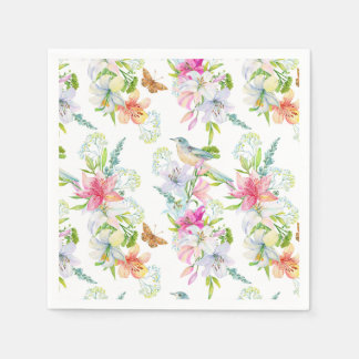 Wedding Flowers Lilies and Birds Watercolor Napkin